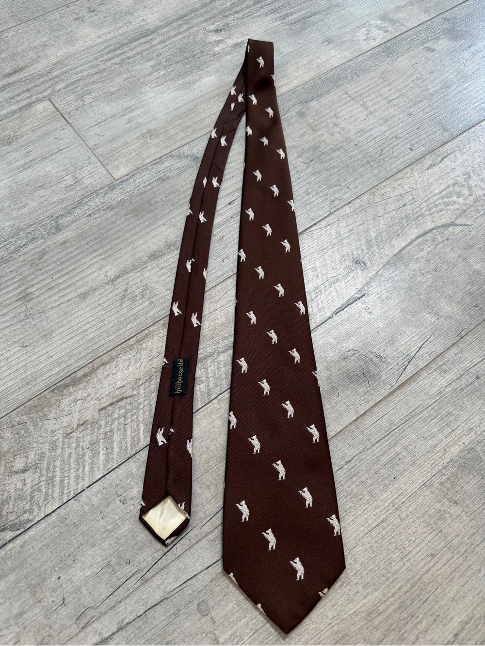 Hillhouse Ltd Vintage Men's/Father/Dad Brown Silk Tie w/white bear logo